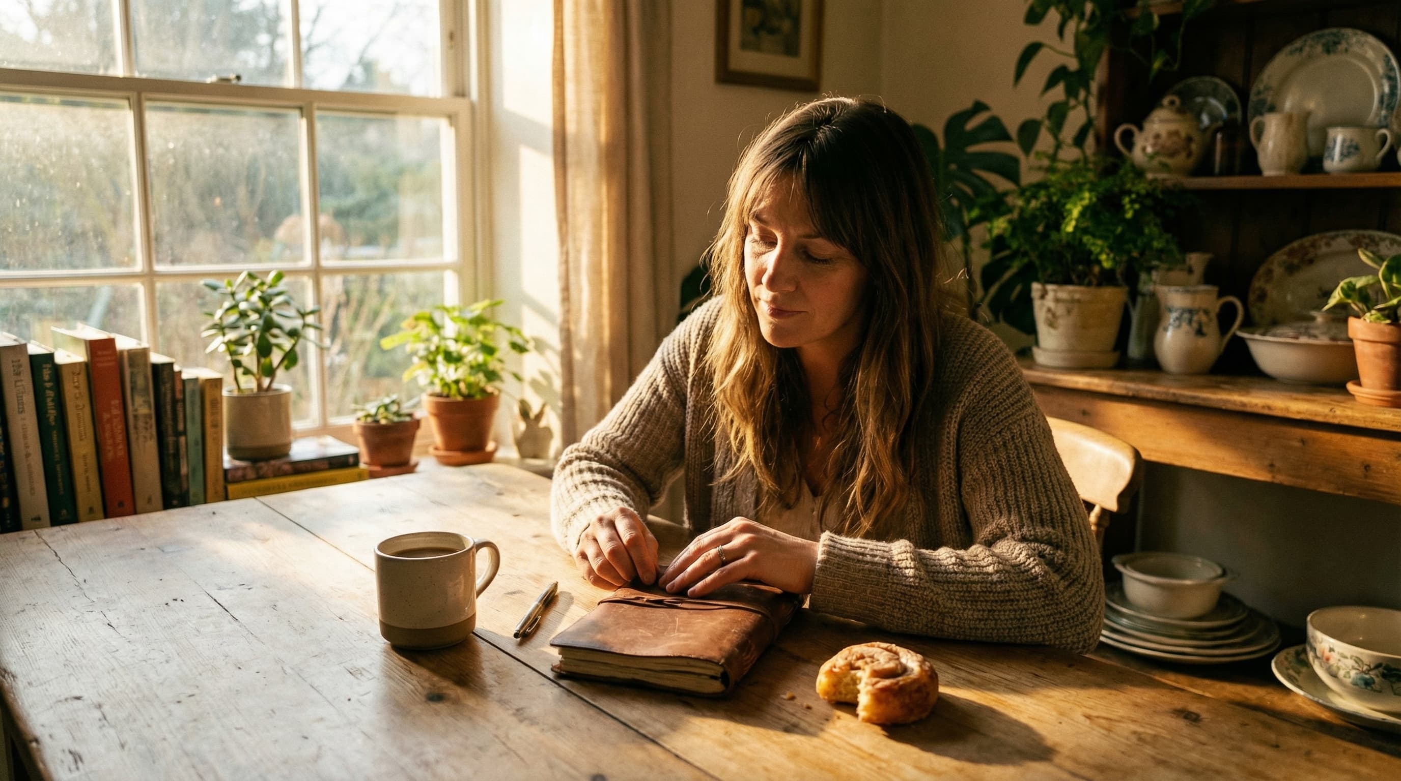 Woman journaling at a sunlit kitchen table with coffee