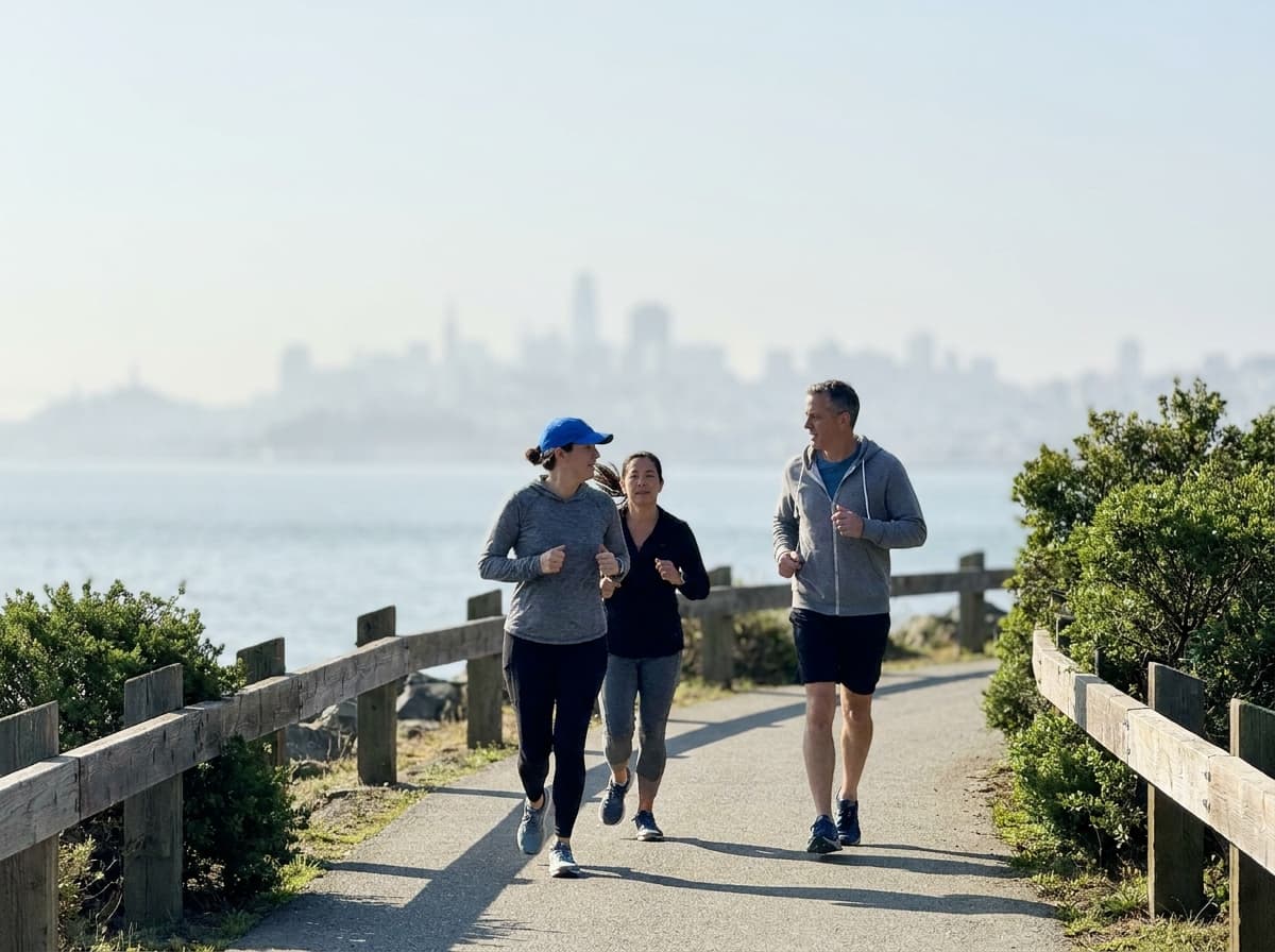 Group of friends jogging together along a bright waterfront path