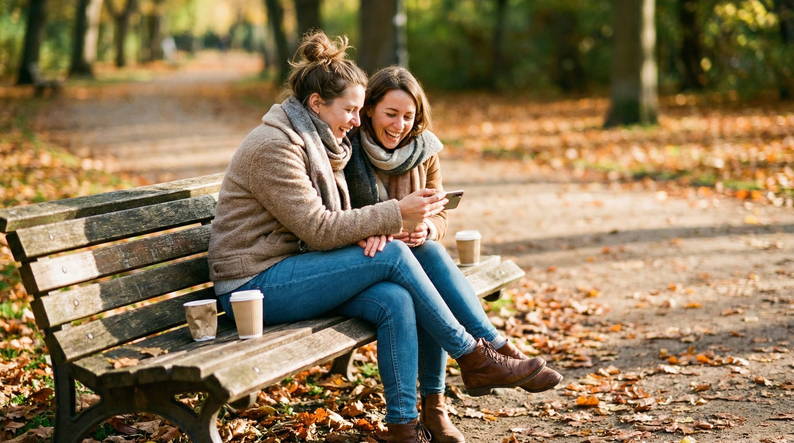 Two friends laughing together while sharing something on a phone in a park