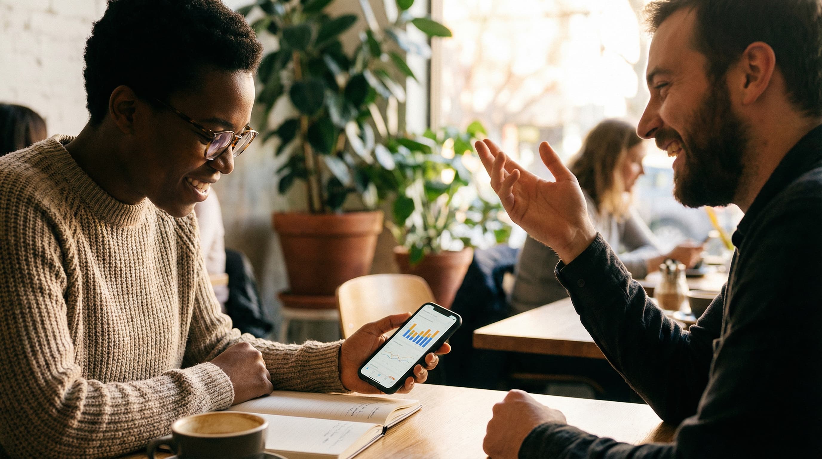 Person reviewing progress data at a cafe